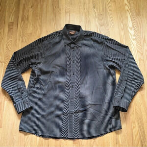 Michael Kors Black and White Striped Button Up Cotton Dress Shirt